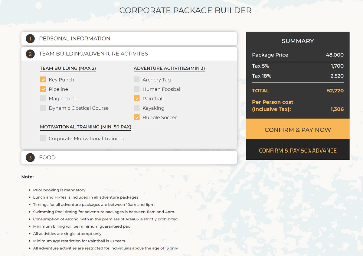 Customized Corporate Package Builder with partial payment.